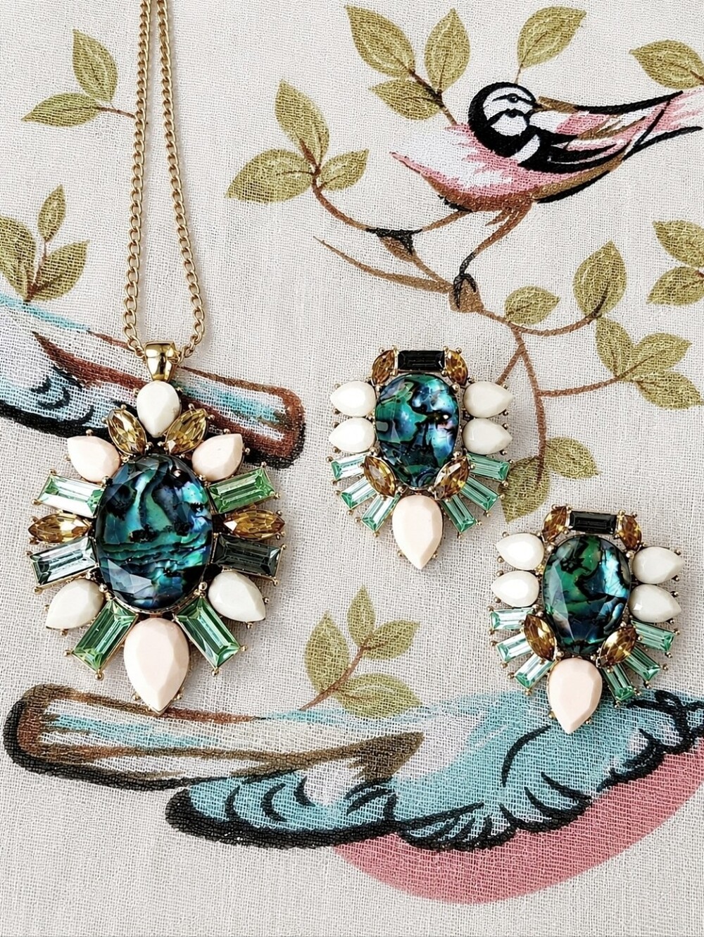 Kate Landry Brand Abalone Necklace Peridot Baguette Rhinestone and Earrings Set